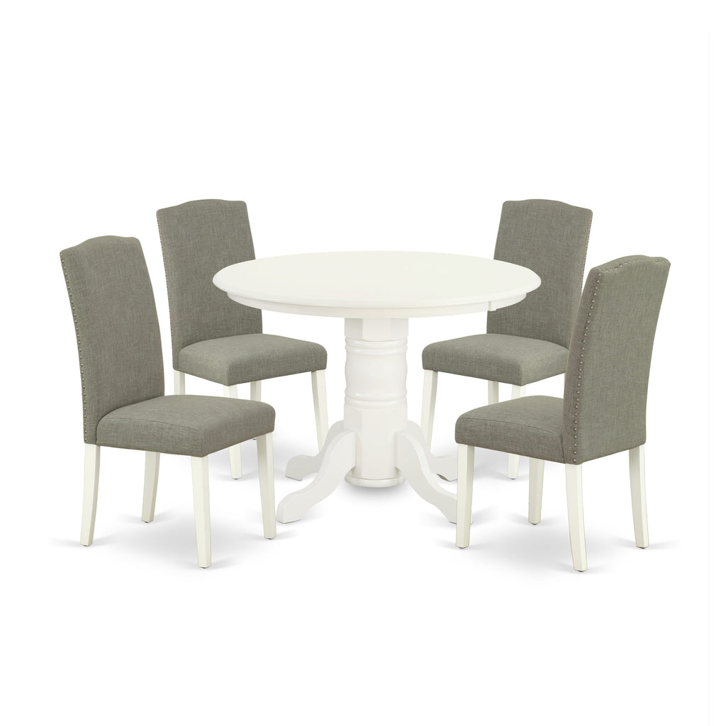 Explore SHEN5-JNF-SD Elegant 5-Piece Set featuring a 42x42 Inch Pedestal Dining Table & 4 Upholstered Chairs in Dark Shitake Fabric