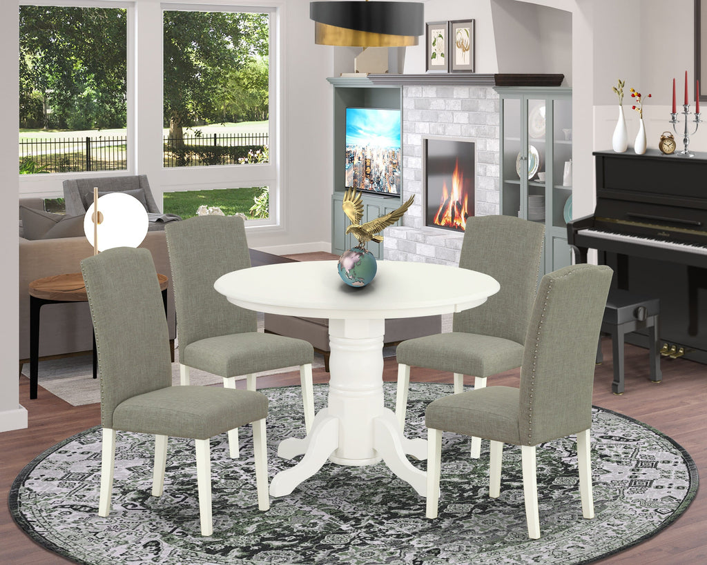 Explore SHEN5-JNF-SD Elegant 5-Piece Set featuring a 42x42 Inch Pedestal Dining Table & 4 Upholstered Chairs in Dark Shitake Fabric