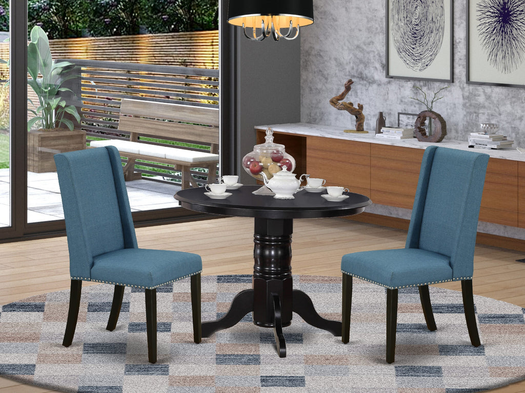 SHFL3-LKH-I8 3-Piece Elegant Dining Set Round Table with Pedestal Base & 2 Navy Blue Fabric Chairs, 42x42