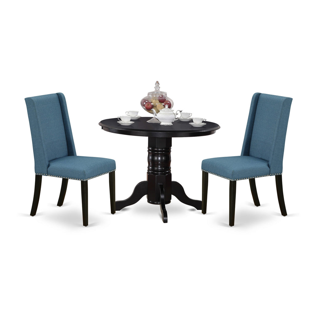 SHFL3-LKH-I8 3-Piece Elegant Dining Set Round Table with Pedestal Base & 2 Navy Blue Fabric Chairs, 42x42