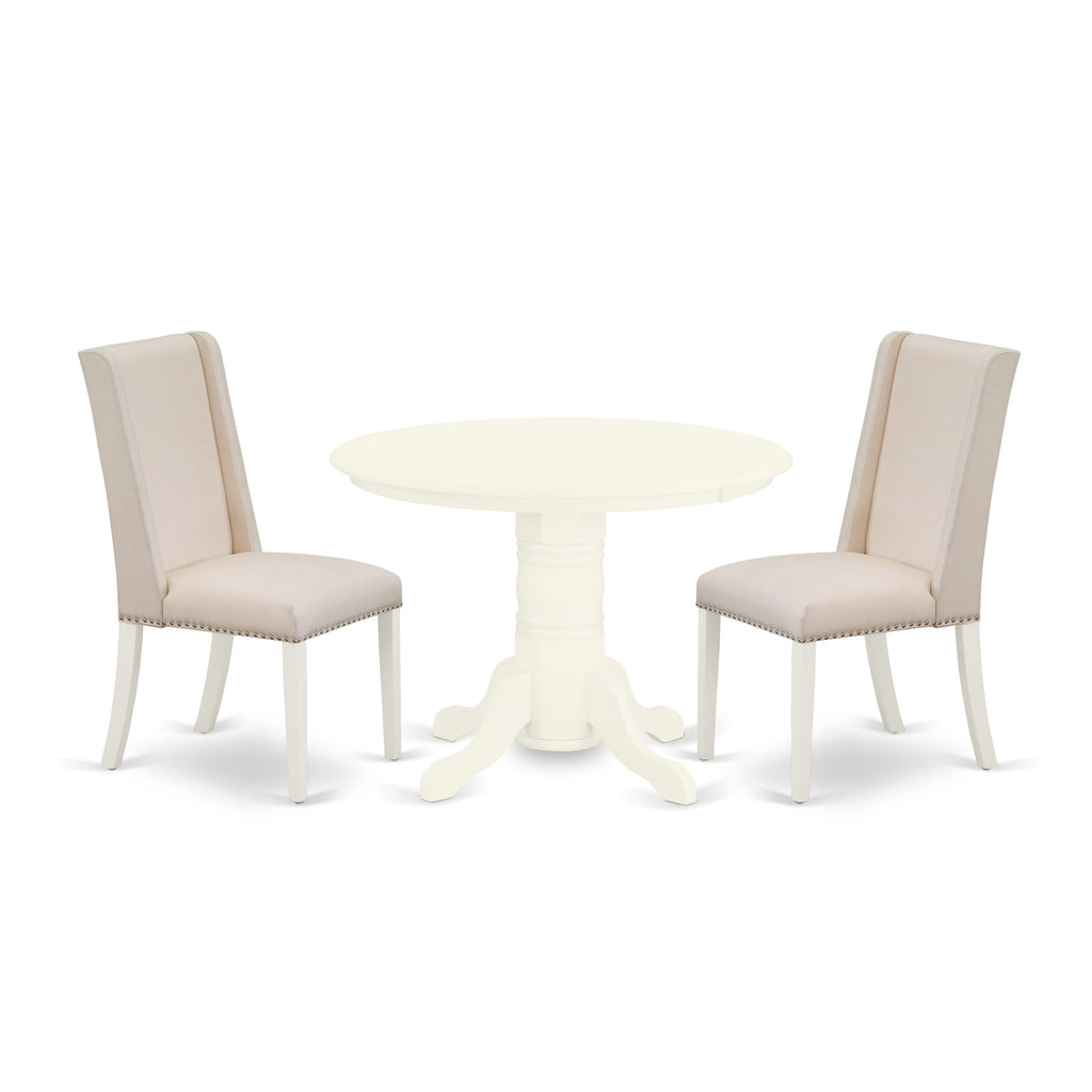 SHFL3-U8G-O4 Elegant 3-Piece Dining Ensemble Round Pedestal Table & Beige Parson Chairs, 42 Linen Palette