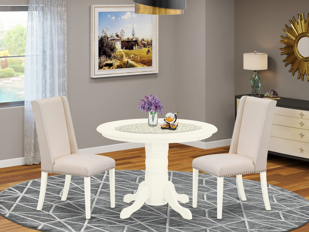 SHFL3-U8G-O4 Elegant 3-Piece Dining Ensemble Round Pedestal Table & Beige Parson Chairs, 42 Linen Palette