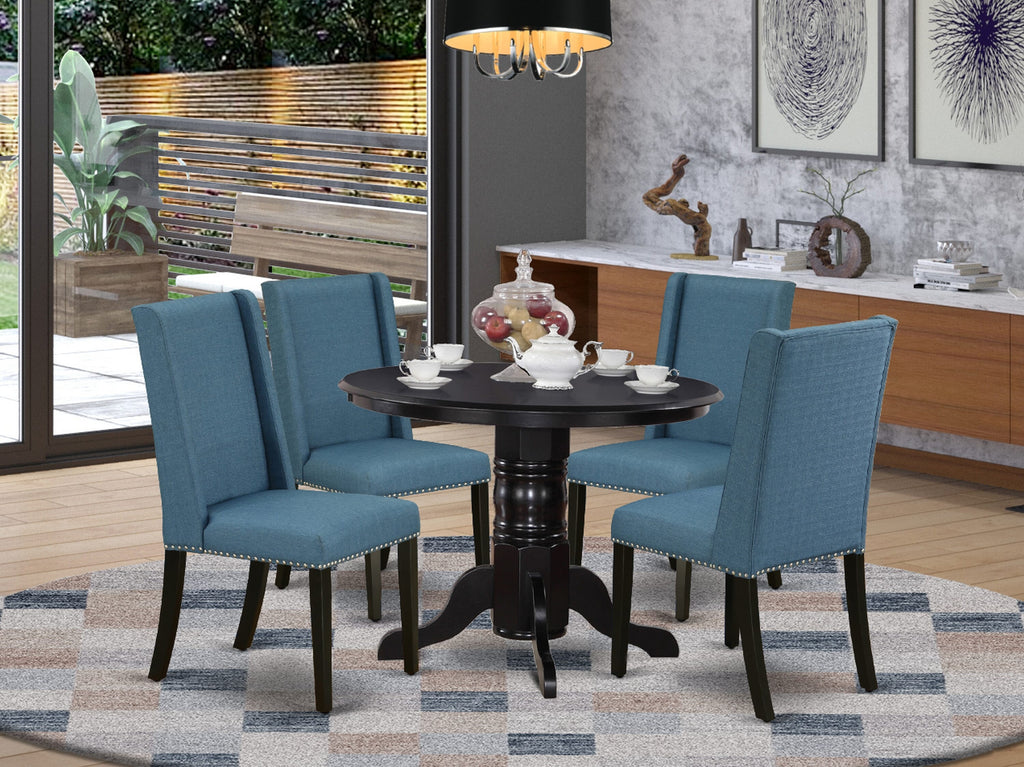 Dining Set SHFL5-5SM-64 Rustic Round Table, 4 Linen Chairs, Elegant Blue Fabric Seating, 5-Piece Collection