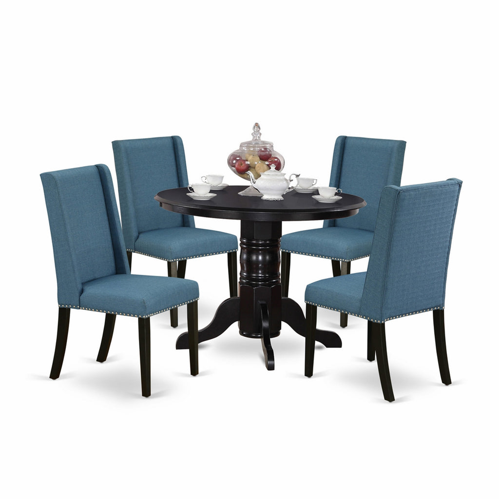 Dining Set SHFL5-5SM-64 Rustic Round Table, 4 Linen Chairs, Elegant Blue Fabric Seating, 5-Piece Collection