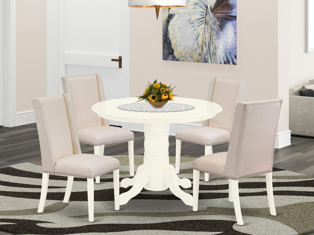 SHFL5-G9K-6I Five Piece Dining Set with Round Table & Chairs in Cream Fabric Upholstery, 42x42 Inch, Linen White