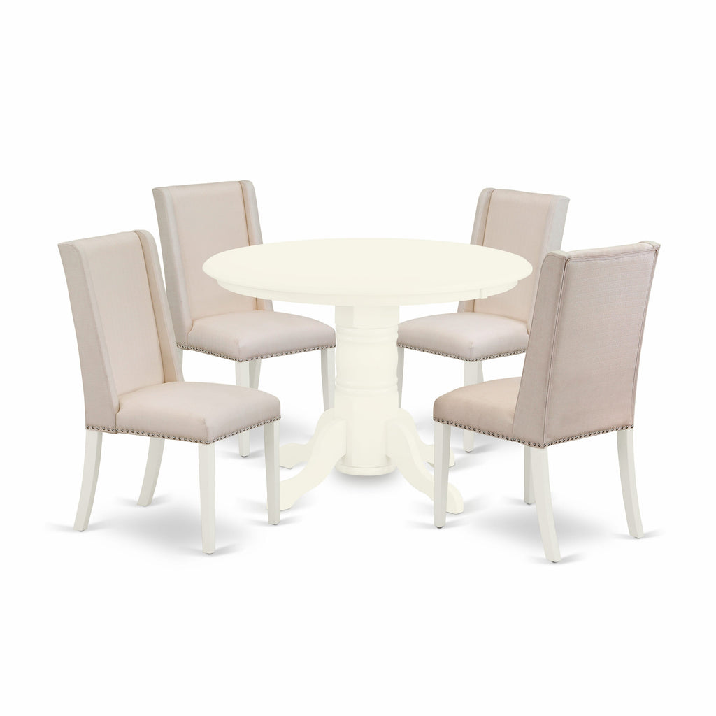SHFL5-G9K-6I Five Piece Dining Set with Round Table & Chairs in Cream Fabric Upholstery, 42x42 Inch, Linen White