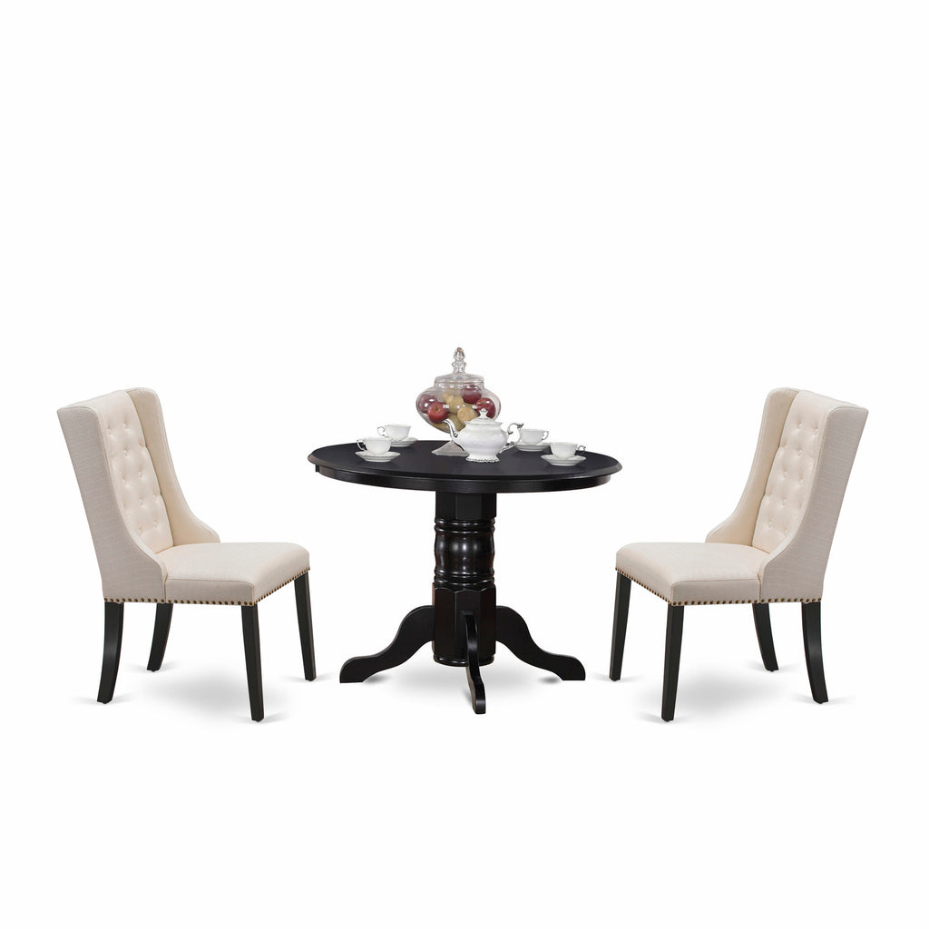SHFO3-3CW-1A Compact 3-Piece Dining Set with Black Pedestal Table and Cream Linen Parsons Chairs - 42 Table