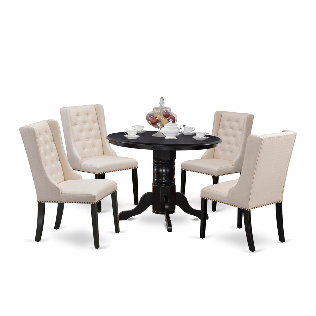 SHFO5-9T8-HT Stylish 5-Piece Dining Set with Pedestal Round Table & 4 Cream Linen Chairs, 42x42 in, Black Finish