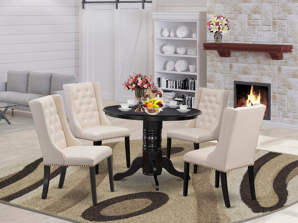 SHFO5-9T8-HT Stylish 5-Piece Dining Set with Pedestal Round Table & 4 Cream Linen Chairs, 42x42 in, Black Finish