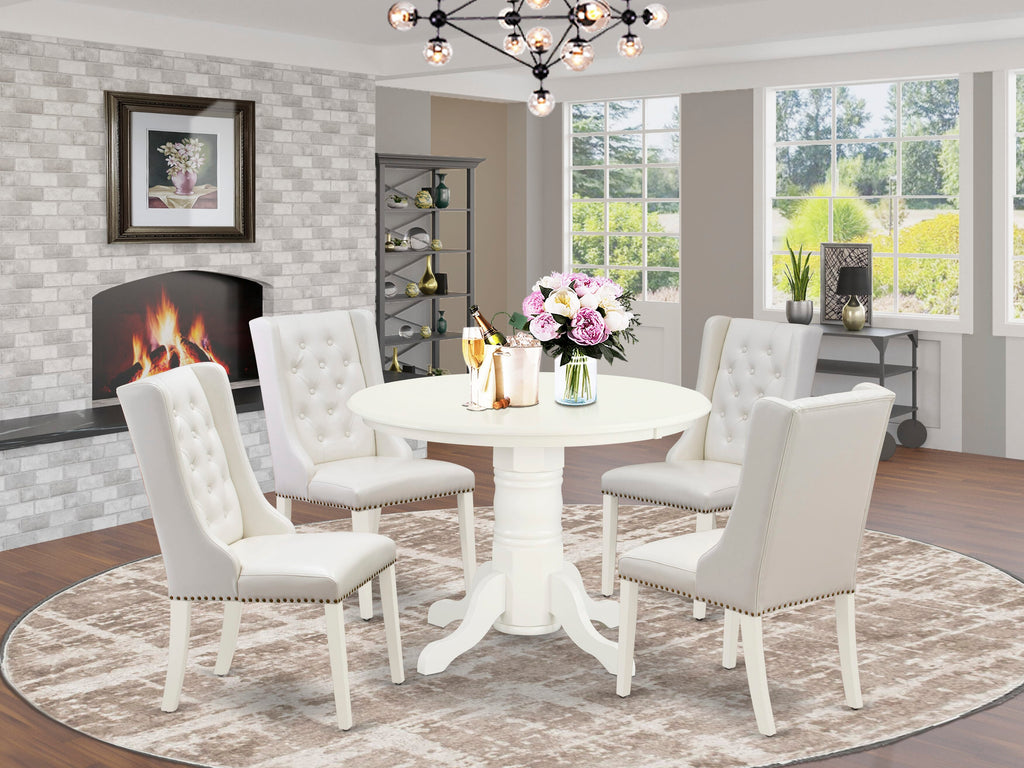 SHFO5-JLZ-V9 Five-Piece Dining Collection Featuring Round Pedestal Table & Four Linen White Faux Leather Chairs 42