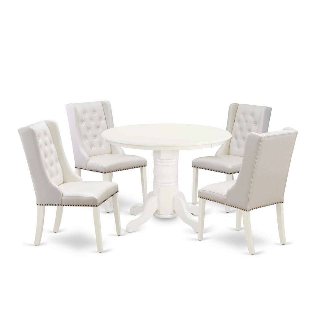 SHFO5-JLZ-V9 Five-Piece Dining Collection Featuring Round Pedestal Table & Four Linen White Faux Leather Chairs 42