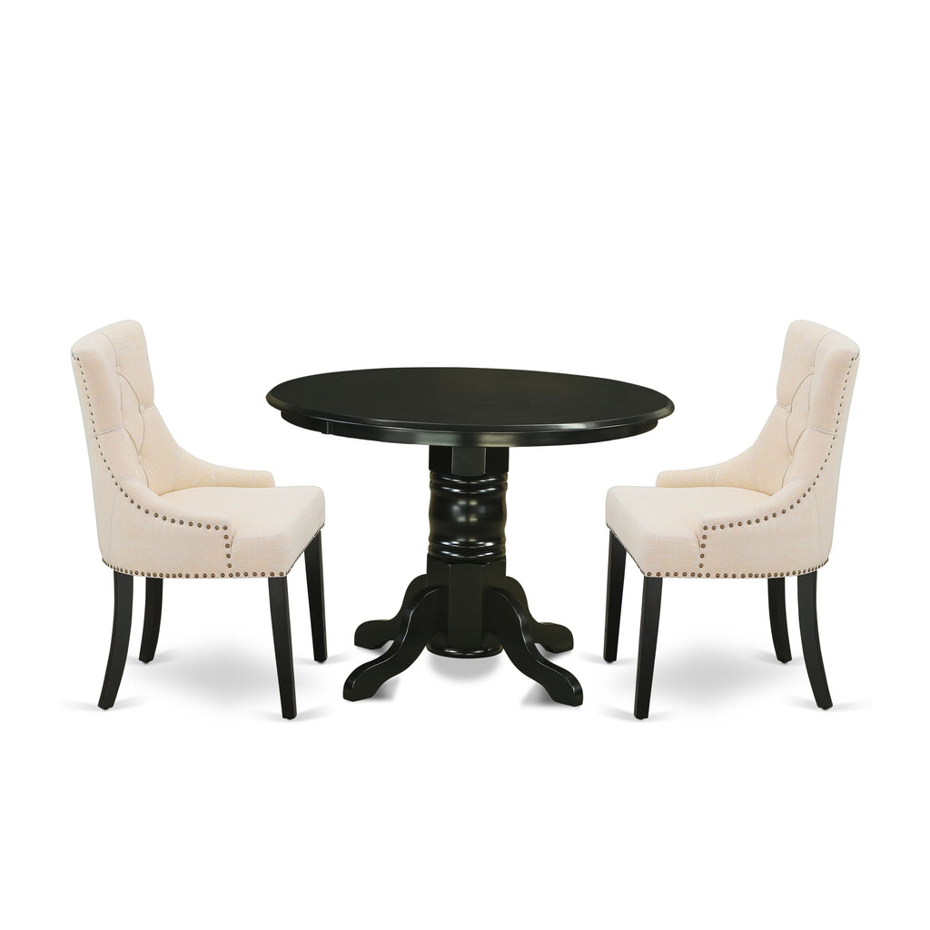 SHFR3-9UN-GM Modern Round Table Set with Pedestal & Beige Chairs, 42 Inch, Black