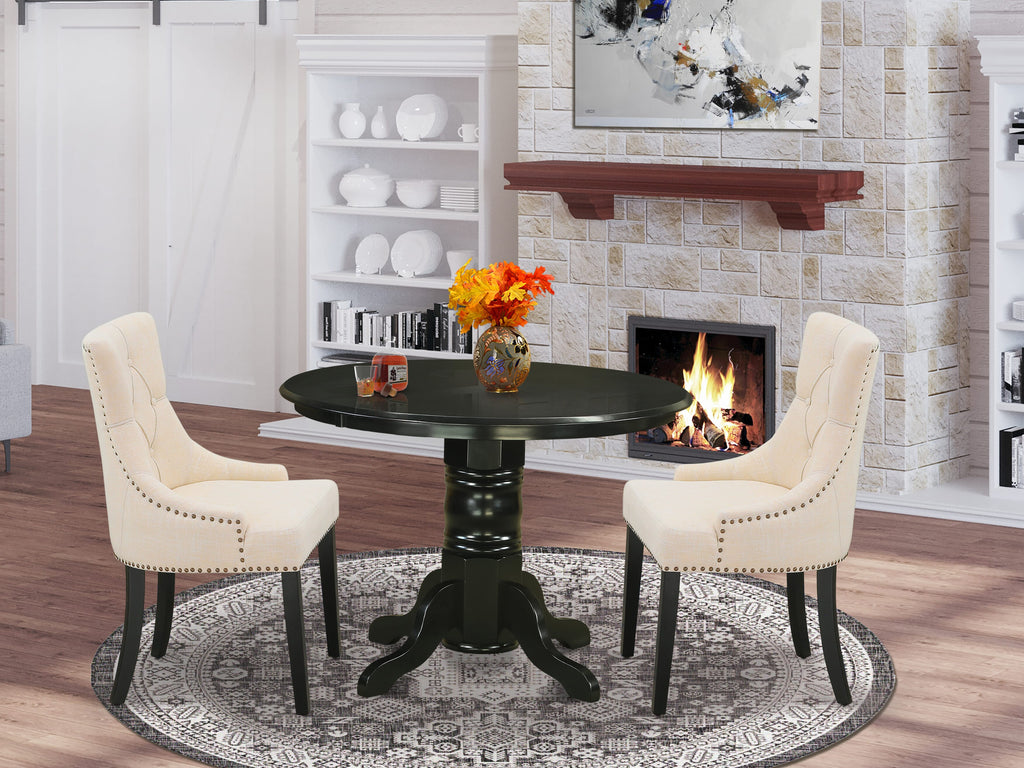 SHFR3-9UN-GM Modern Round Table Set with Pedestal & Beige Chairs, 42 Inch, Black