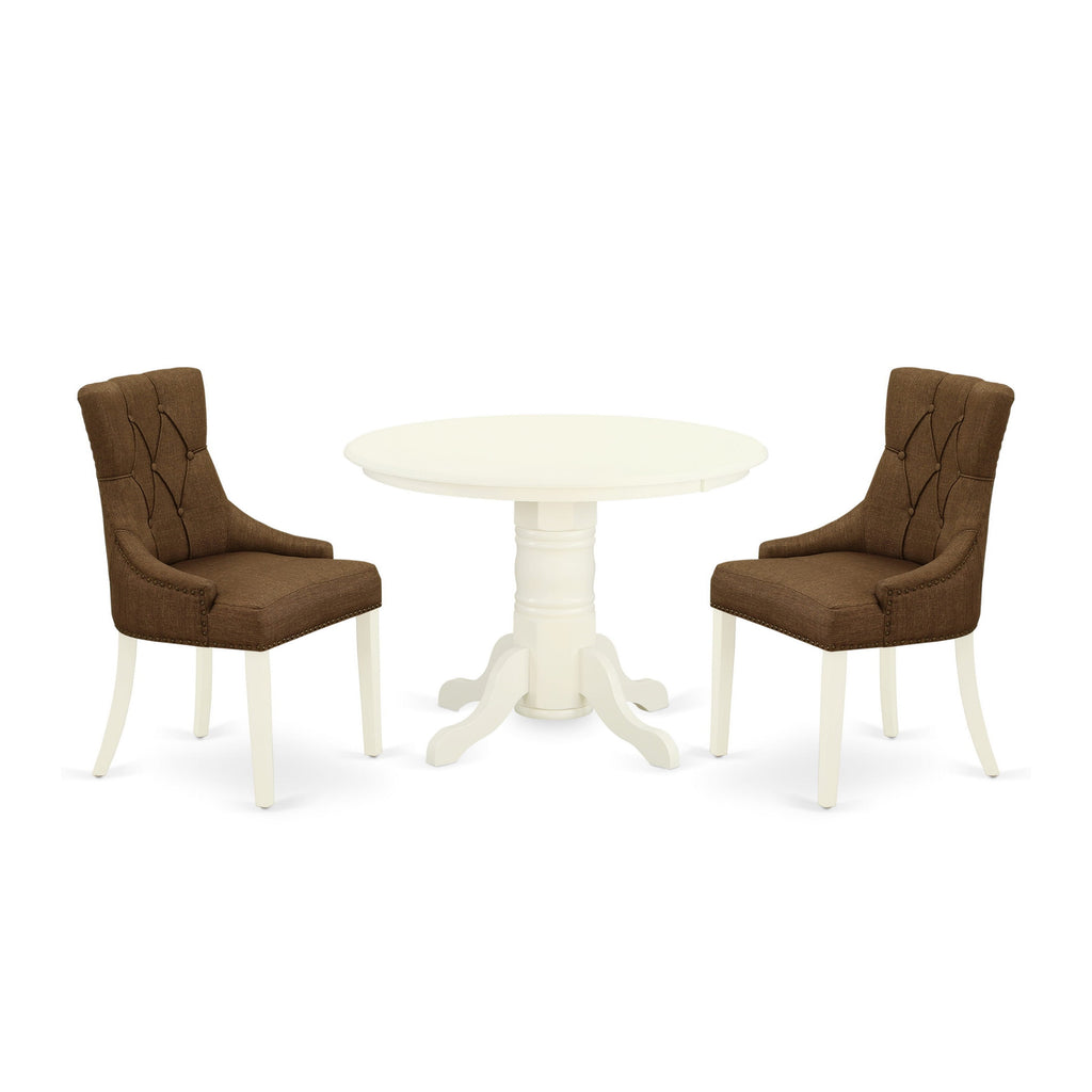 SHFR3-PWZ-02 3-Piece Set Charming Pedestal Table and 2 Parson Chairs with Brown Fabric in Linen White Finish, 42-Inch Round