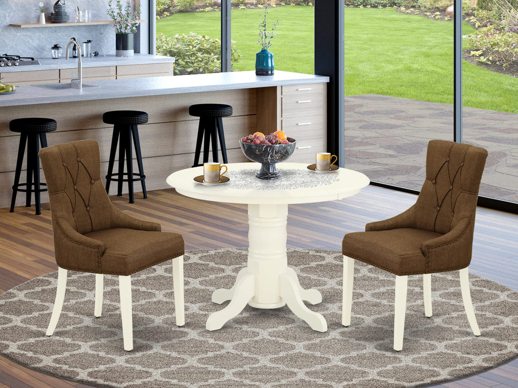 SHFR3-PWZ-02 3-Piece Set Charming Pedestal Table and 2 Parson Chairs with Brown Fabric in Linen White Finish, 42-Inch Round