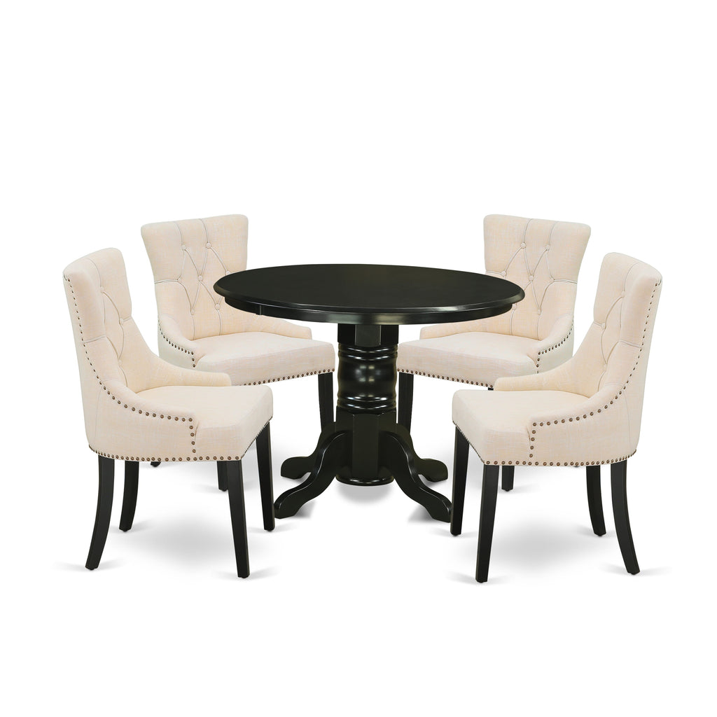 SHFR5-OPA-UQ Elegant Dining Ensemble 5-Piece Set with Round Pedestal Table & 4 Upholstered Beige Chairs, 42 Diameter, Ebony Finish