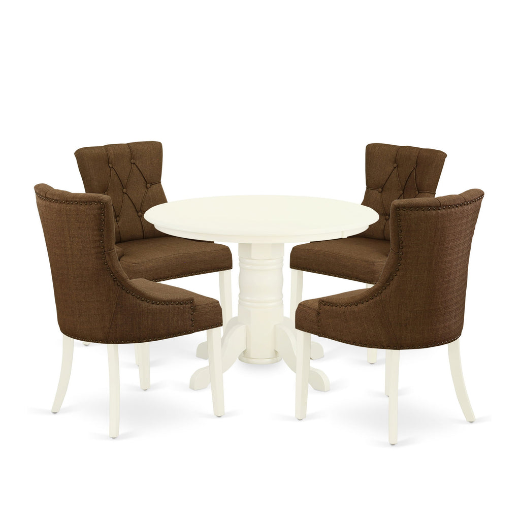 SHFR5-OGW-UT Dining Set - Round Table with 4 Brown Linen Parsons Chairs, 42x42, White Finish