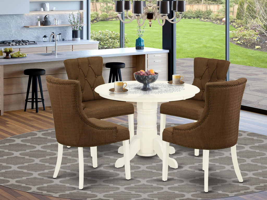 SHFR5-OGW-UT Dining Set - Round Table with 4 Brown Linen Parsons Chairs, 42x42, White Finish