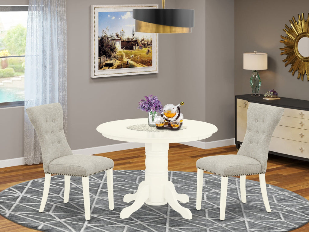 SHGA3-LRJ-6C Chic Round Pedestal Dining Set with Two Doeskin Chairs, 42- Linen White Finish - 3 Piece Collection