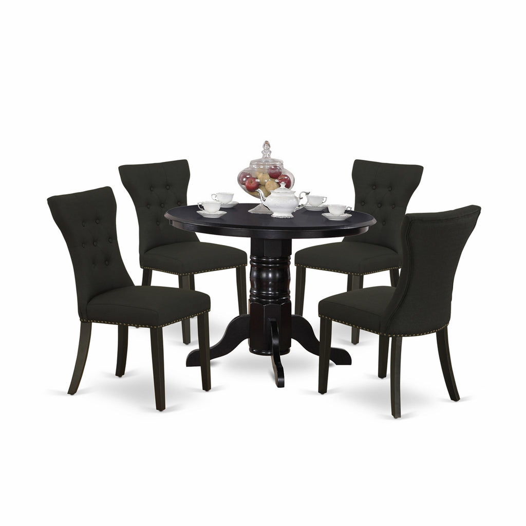 SHGA5-PBK-ZZ Compact Round Table Set for 4 with Pedestal & Four Plush Black Linen Seats