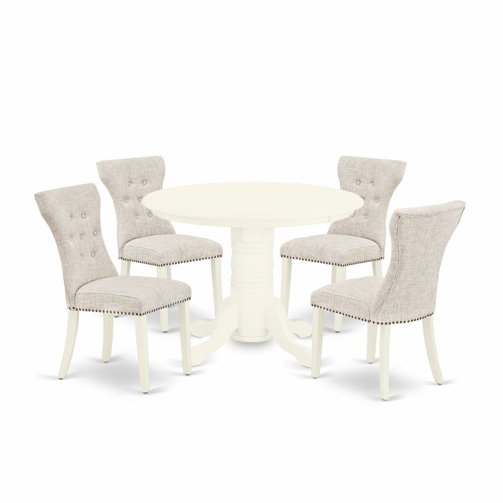 SHGA5-FFB-ZT 5 Piece Dining Set with Circular Pedestal Table & 4 Upholstered Fabric Chairs, 42 Inch, Linen White