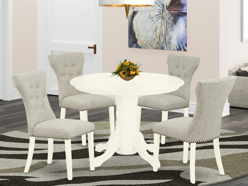 SHGA5-FFB-ZT 5 Piece Dining Set with Circular Pedestal Table & 4 Upholstered Fabric Chairs, 42 Inch, Linen White