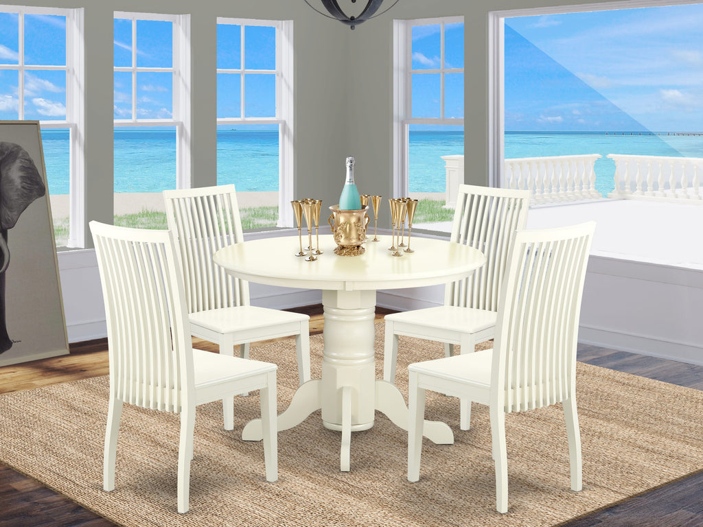 SHIP5-88B-V Cozy 5-Piece Dining Suite with Pedestal Round Table and Four Elegant Chairs, 42x42 Inch, Off-White Finish
