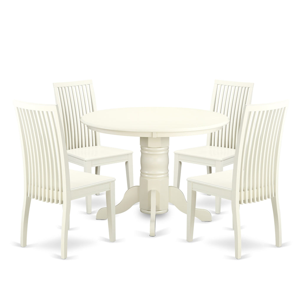 SHIP5-88B-V Cozy 5-Piece Dining Suite with Pedestal Round Table and Four Elegant Chairs, 42x42 Inch, Off-White Finish