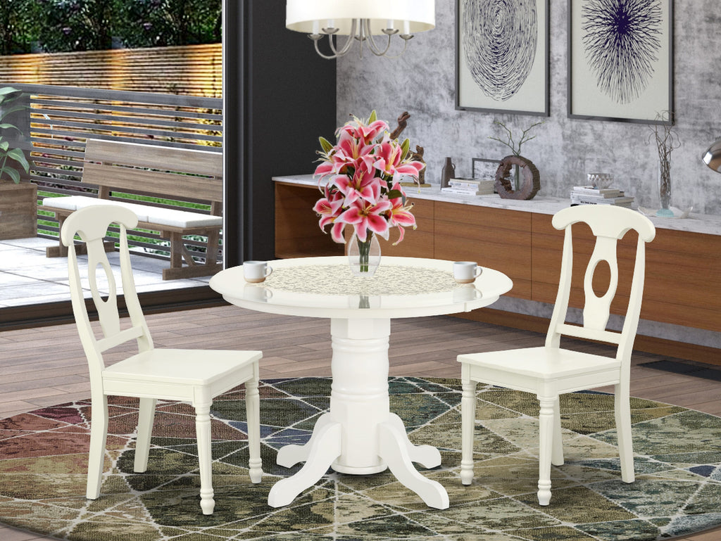 SHKE3-SF4-X Compact 3-Piece Dining Set for Cozy Kitchens with Round Table and Two Chairs in White