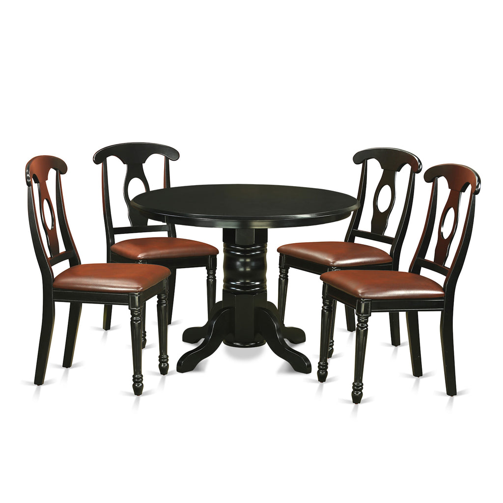 SHKE5-F1U-JM 5-Piece Round Pedestal Dining Table Set with Black Faux Leather Chairs, 42
