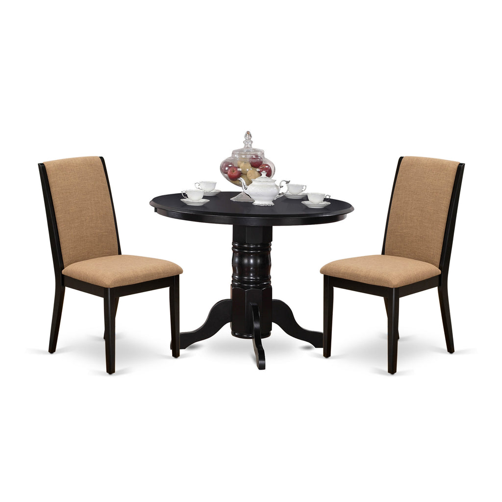 SHLA3-37G-A7 3-Piece Dining Ensemble Chic Round Table & 2 Sable Linen Chairs with Pedestal Base