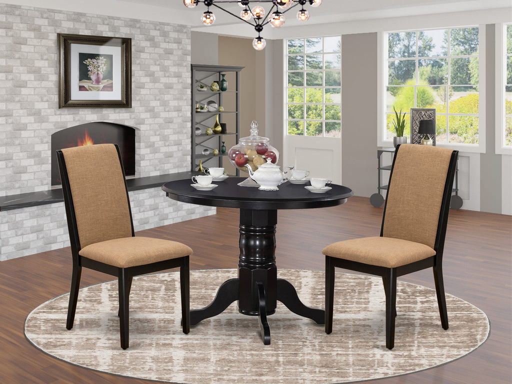 SHLA3-37G-A7 3-Piece Dining Ensemble Chic Round Table & 2 Sable Linen Chairs with Pedestal Base
