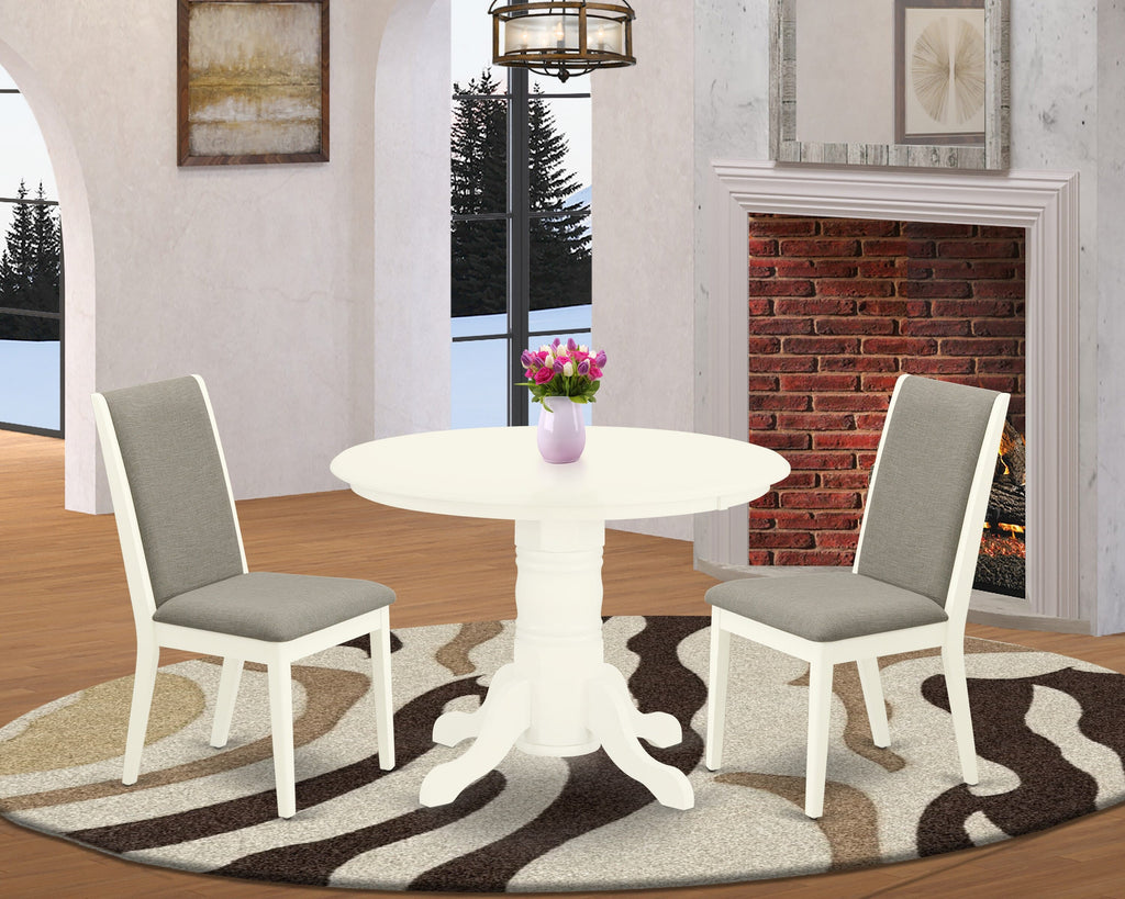 SHLA3-STT-87 Compact Round Table Set with Pedestal Base & 2 Upholstered Shitake Chairs, 42 Linen