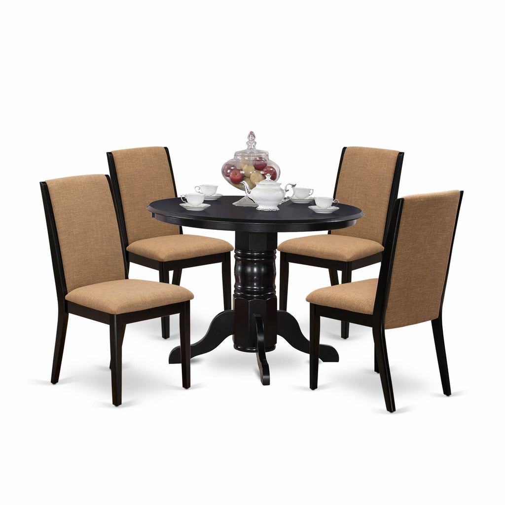 SHLA5-BDM-FG Stunning Five-Piece Dining Set Round Table with 4 Linen-Upholstered Chairs
