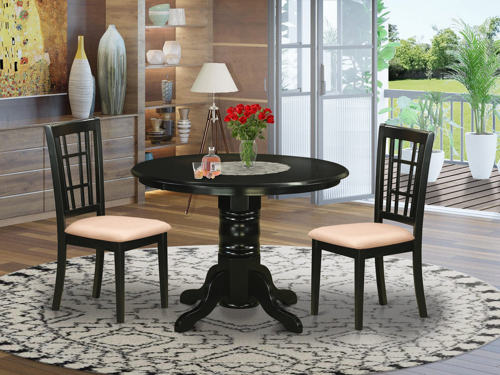 Explore SHNI3-S3U-O 3-Piece Set with Pedestal Table & Linen Upholstered Chairs - Perfect for Compact Dining Areas, 42x42