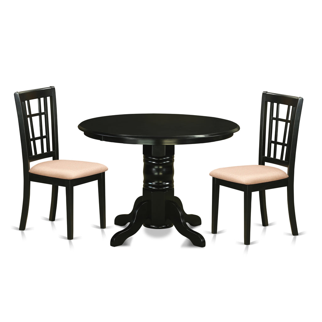 Explore SHNI3-S3U-O 3-Piece Set with Pedestal Table & Linen Upholstered Chairs - Perfect for Compact Dining Areas, 42x42