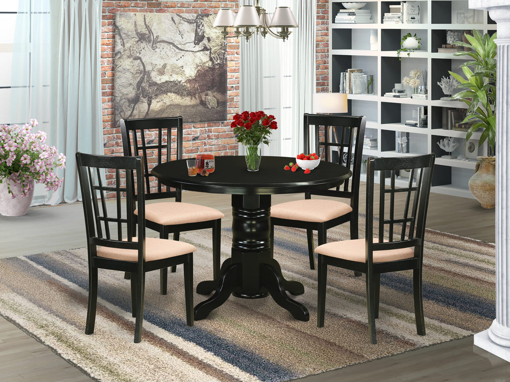 SHNI5-28I-T 5-Piece Dining Furniture Set with Pedestal Table and Four Linen Chairs, 42-inch Black