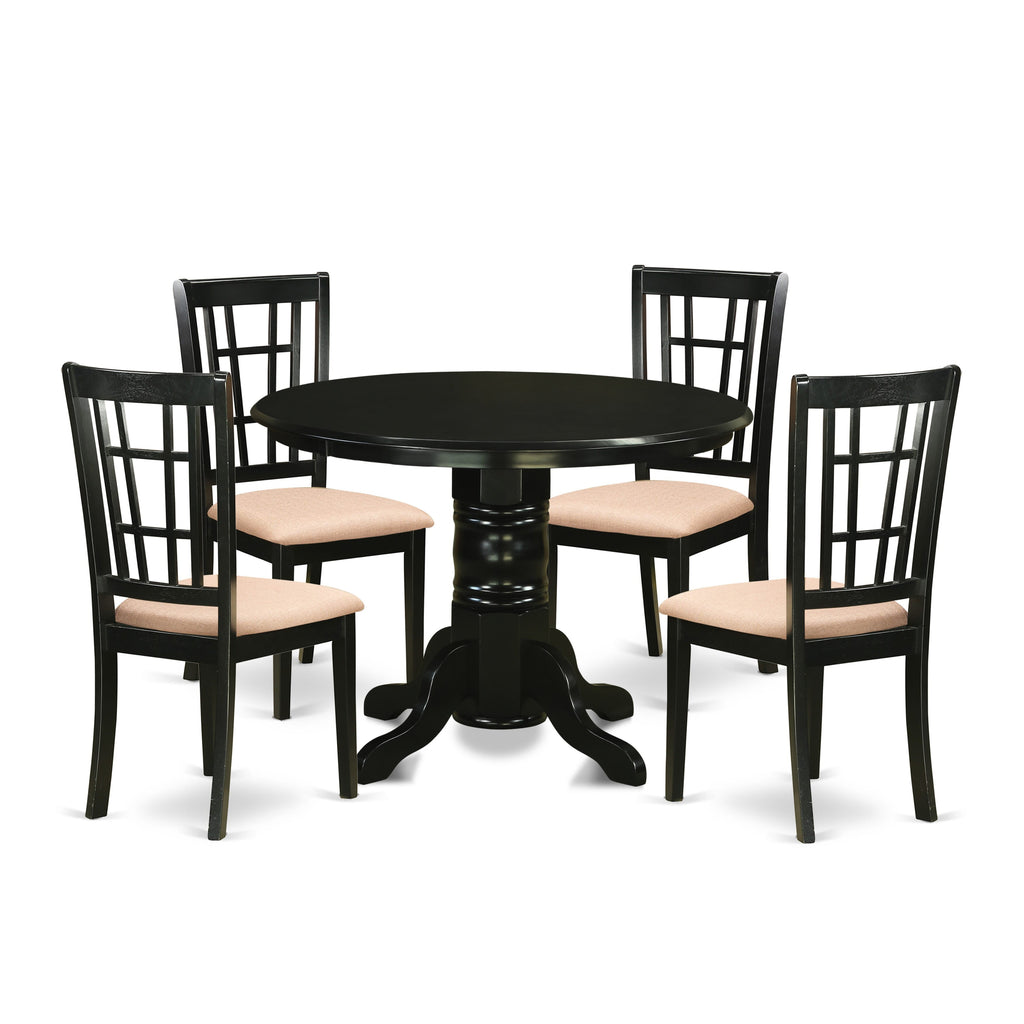 SHNI5-28I-T 5-Piece Dining Furniture Set with Pedestal Table and Four Linen Chairs, 42-inch Black