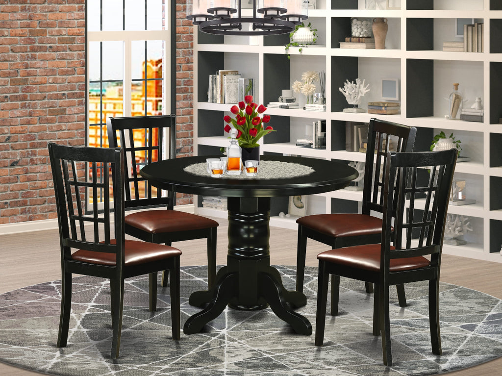 SHNI5-BLK-UPL Dining Set - Elegant Round Table with Pedestal & Four Chic Faux Leather Chairs, Black 42x42