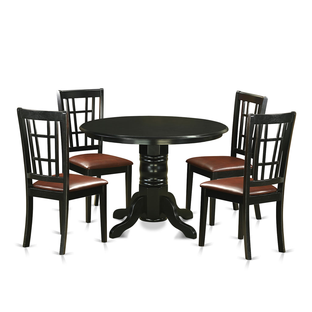 SHNI5-BLK-UPL Dining Set - Elegant Round Table with Pedestal & Four Chic Faux Leather Chairs, Black 42x42