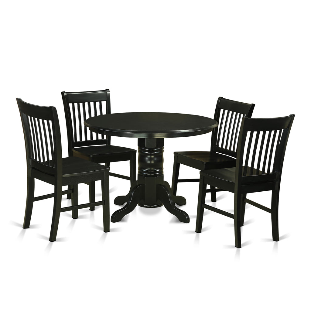 Explore SHNO5-7TZ-5 Elegant 5-Piece Round Dining Set with Pedestal Table, 4 Comfortable Chairs, Black Finish