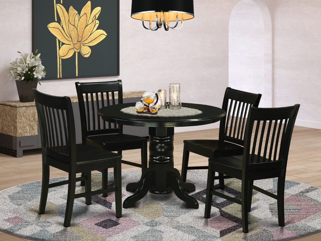 Explore SHNO5-7TZ-5 Elegant 5-Piece Round Dining Set with Pedestal Table, 4 Comfortable Chairs, Black Finish