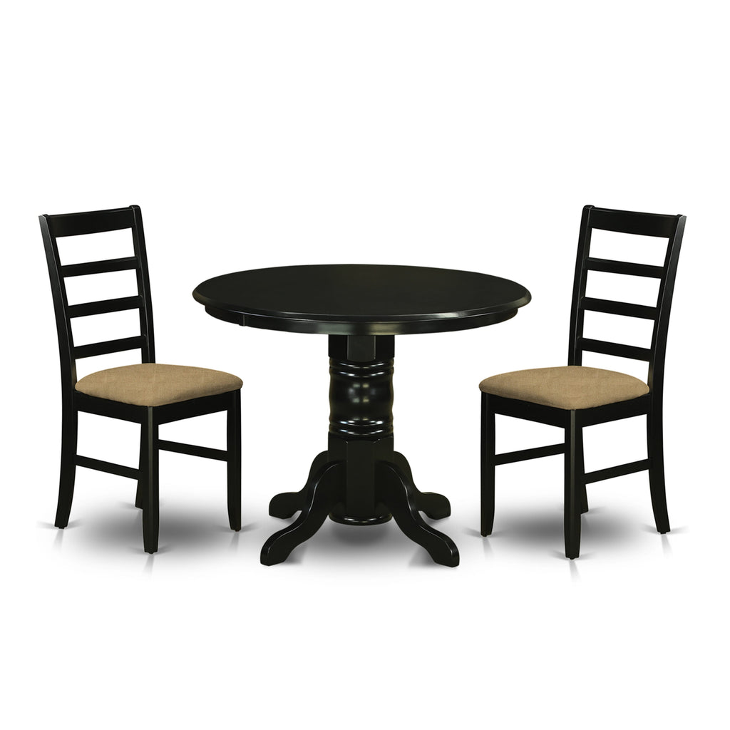 SHPF3-0ZT-V 3-Piece Compact Dining Ensemble with Round Pedestal Table and Two Linen Upholstered Chairs, 42 Inch Black