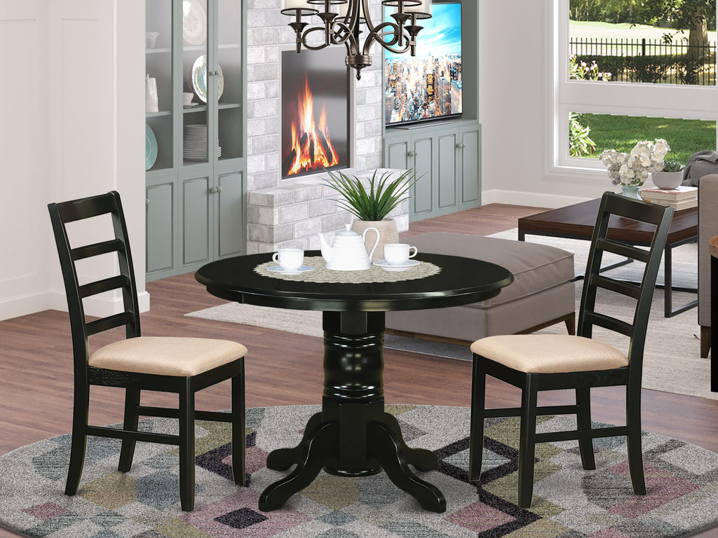 SHPF3-0ZT-V 3-Piece Compact Dining Ensemble with Round Pedestal Table and Two Linen Upholstered Chairs, 42 Inch Black