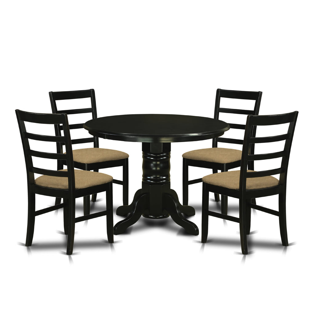5-Piece Table Set SHPF5-OK9-M Round Pedestal Dining with 4 Linen Chairs, 42 Black