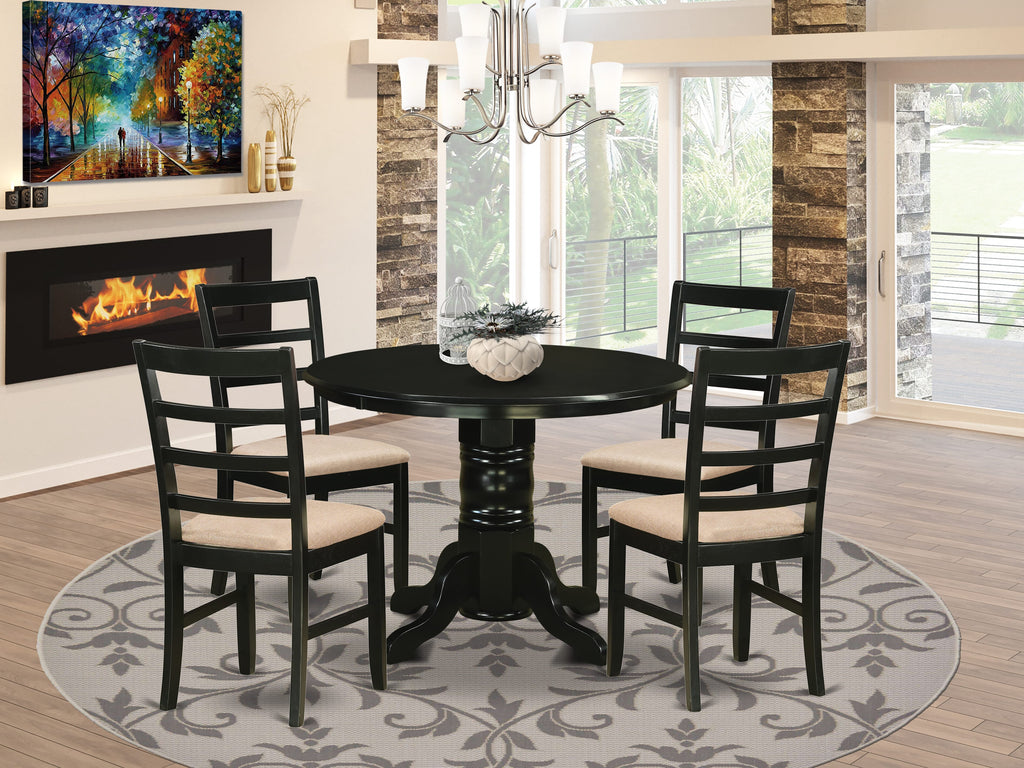 5-Piece Table Set SHPF5-OK9-M Round Pedestal Dining with 4 Linen Chairs, 42 Black