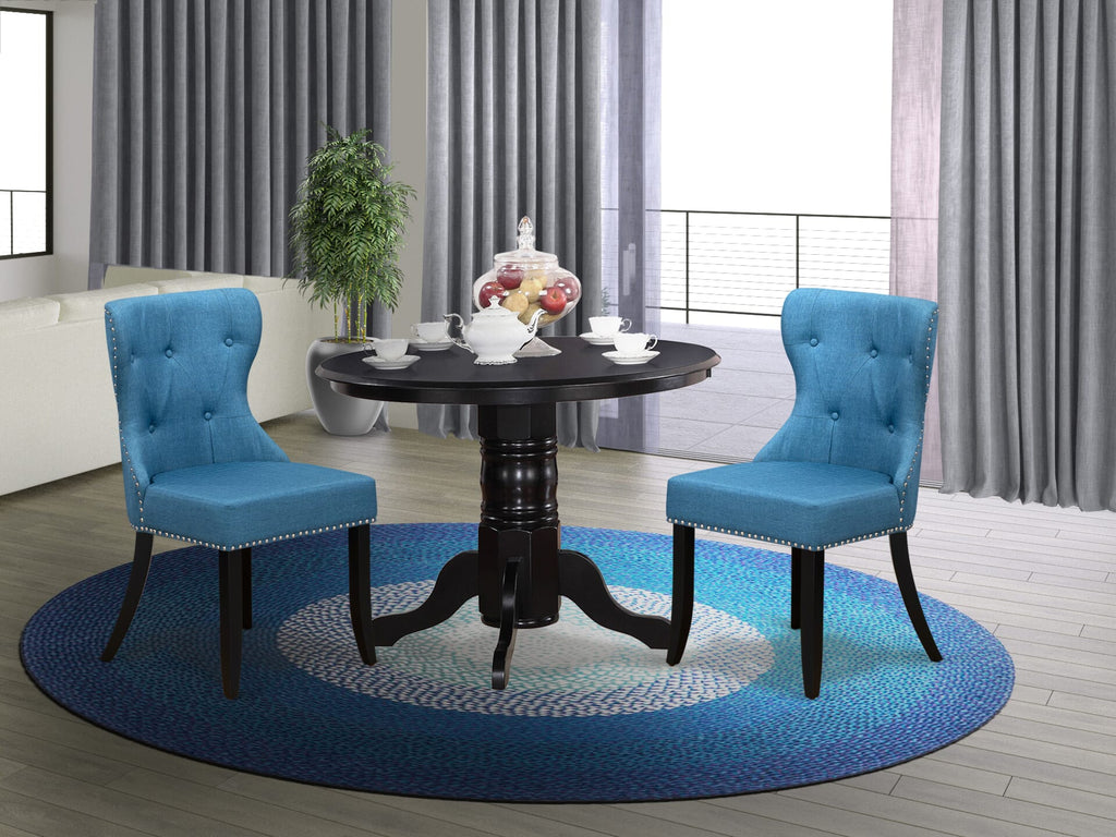 SHSI3-WYB-XI Elegant 3-Piece Dining Ensemble with Round Pedestal Table and Stylish Blue Chairs for Compact Settings, Black Finish