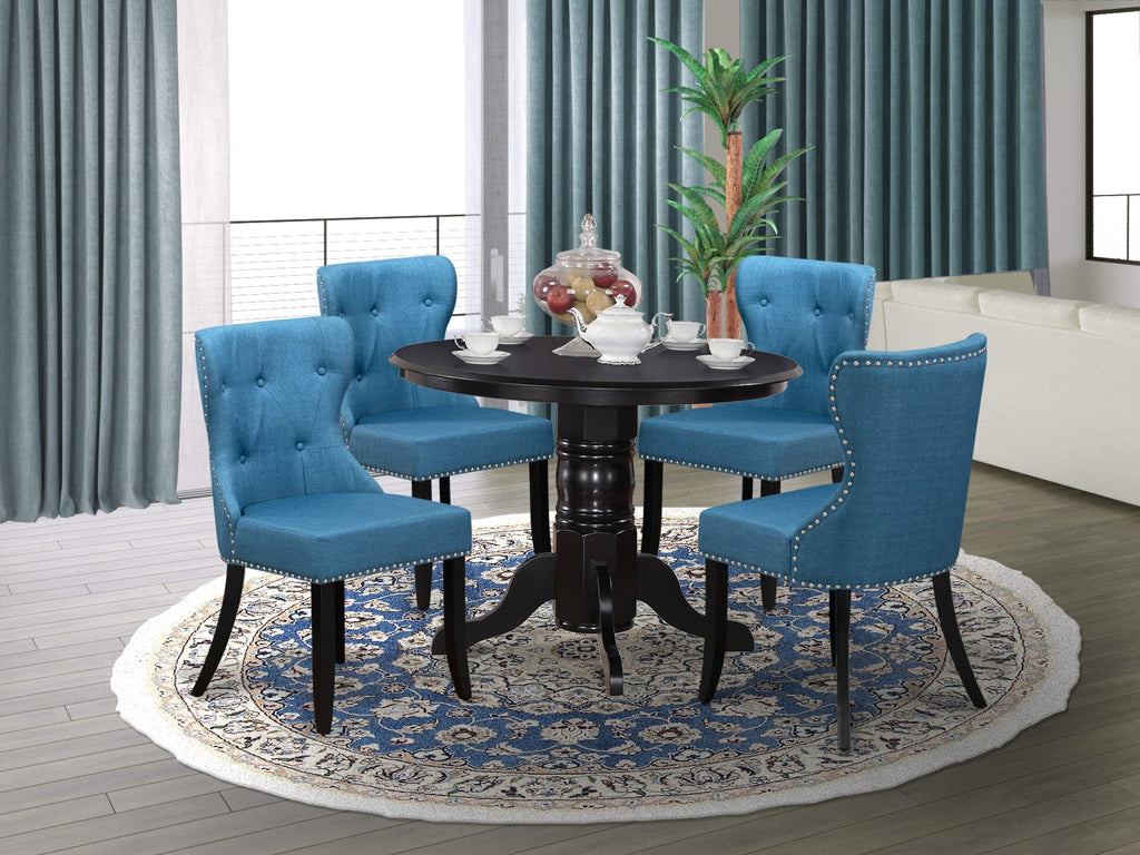 SHSI5-9ZC-CV 5 Piece Round Table Set with Elegant Blue Seats and Pedestal Base Table for 4, 42 Inch, Sophisticated Style