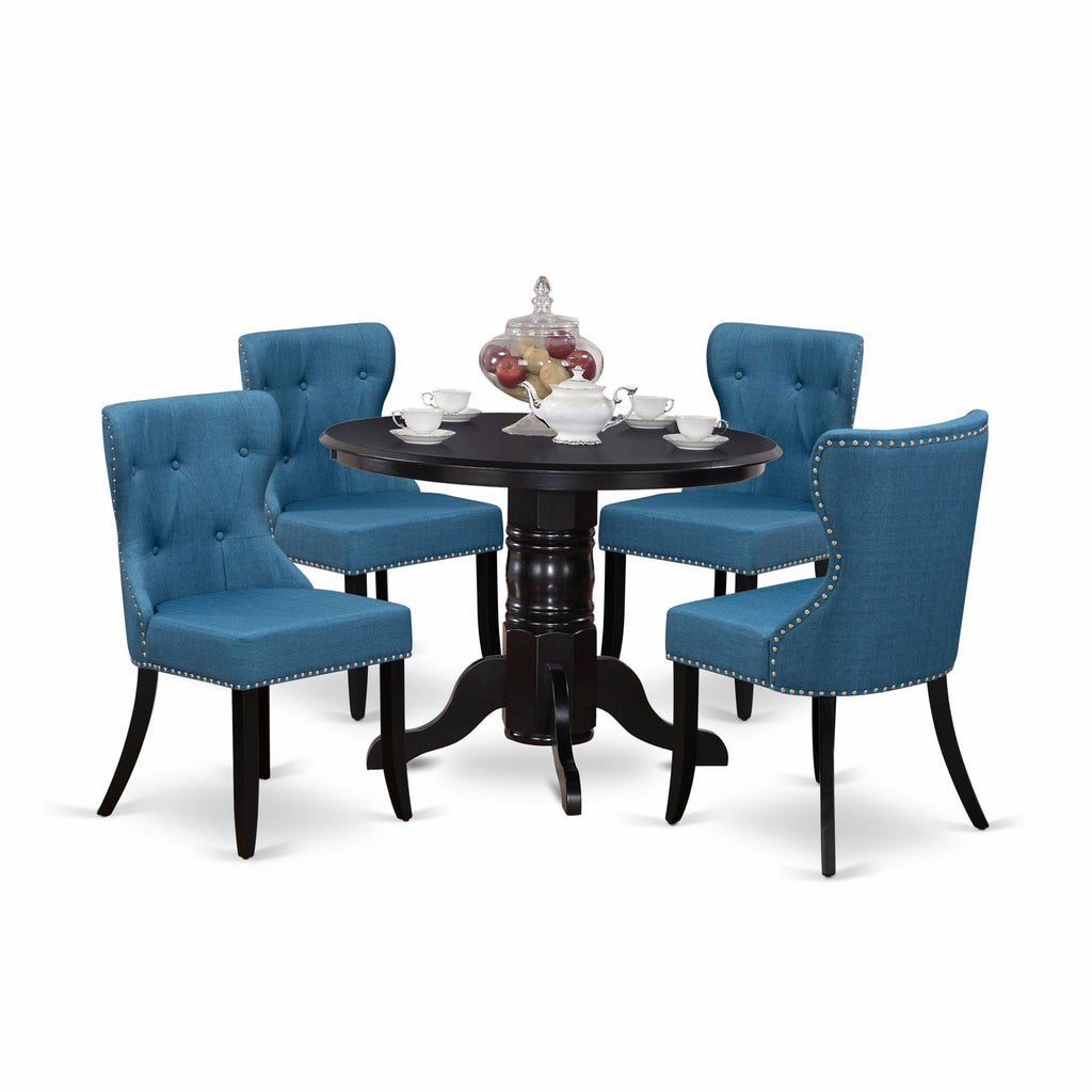 SHSI5-9ZC-CV 5 Piece Round Table Set with Elegant Blue Seats and Pedestal Base Table for 4, 42 Inch, Sophisticated Style