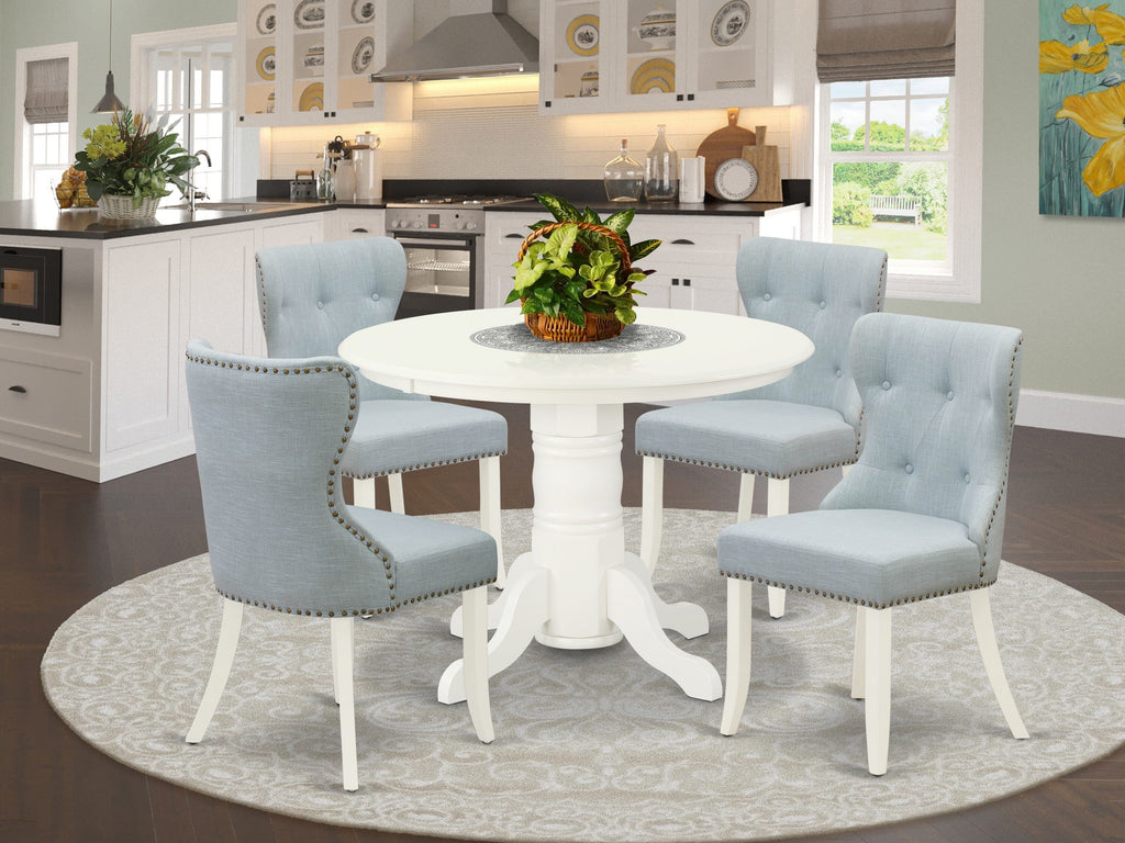 Dining Set SHSI5-DXV-7G Stylish 5-Piece Ensemble with Pedestal Table and 4 Baby Blue Parson Chairs